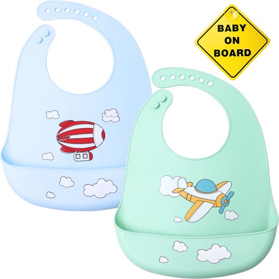 Flouer Slabbertjes Baby - Siliconen Slabbetje - Slabbetjes Baby - Slab Baby - Baby on Board Sticker - Slab - Blauw en Groen van FLO