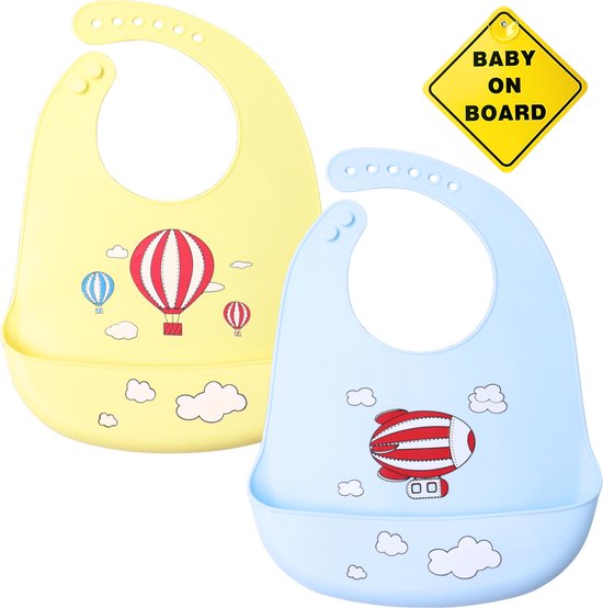 Flouer Slabbertjes Baby - Siliconen Slabbetje - Slabbetjes Baby - Slab Baby - Baby on Board Sticker - Slab - Geel en Blauw van FLO
