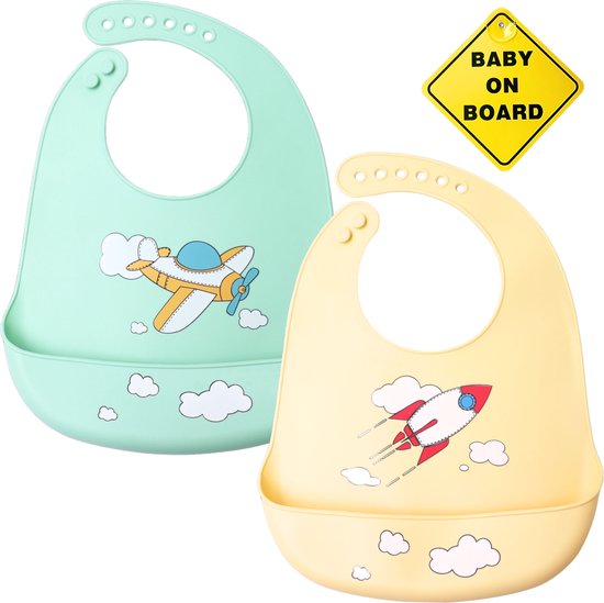 Flouer Slabbertjes Baby - Siliconen Slabbetje - Slabbetjes Baby - Slab Baby - Baby on Board Sticker - Slab - Groen en Khaki van FLO