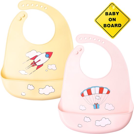 Flouer Slabbertjes Baby - Siliconen Slabbetje - Slabbetjes Baby - Slab Baby - Baby on Board Sticker - Slab - Khaki en Roze van FLO