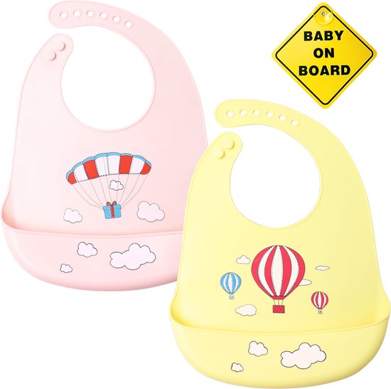 Flouer Slabbertjes Baby - Siliconen Slabbetje - Slabbetjes Baby - Slab Baby - Baby on Board Sticker - Slab - Roze en Geel van FLO