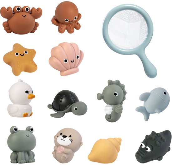 Fluffica Badspeelgoed – BPA vrij - Schimmelvrij- 13-delige Set met Waterdiertjes en Schepnet – Drijvend Speelgoed voor in Bad – Badspeeltjes - Baby Badspeelgoed