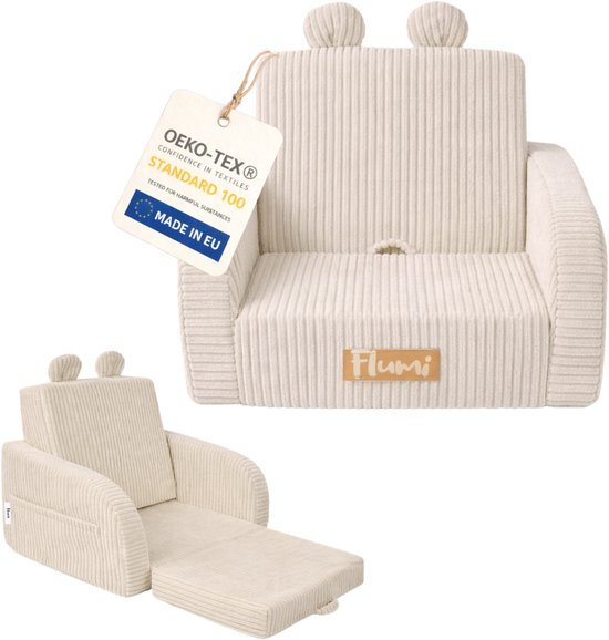 Flumi - 2 in 1 Uitschuifbare Kinderfauteuil - Schuimconstructie - Afneembare Wasbare Hoes - Corduroy Stof - Met Zijvakken - Beige van Flumi