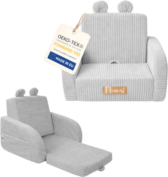 Flumi - 2 in 1 Uitschuifbare Kinderfauteuil - Schuimconstructie - Afneembare Wasbare Hoes - Corduroy Stof - Met Zijvakken - Grijs van Flumi