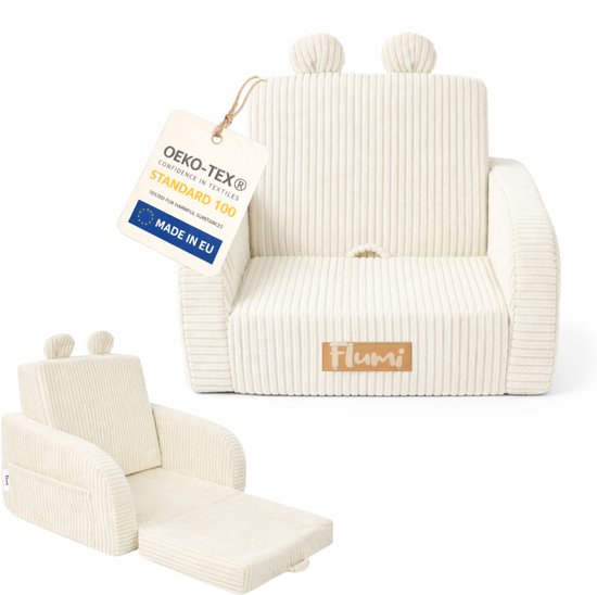 Flumi - 2 in 1 Uitschuifbare Kinderfauteuil - Schuimconstructie - Afneembare Wasbare Hoes - Corduroy Stof - Met Zijvakken - Lichtcrème van Merkloos