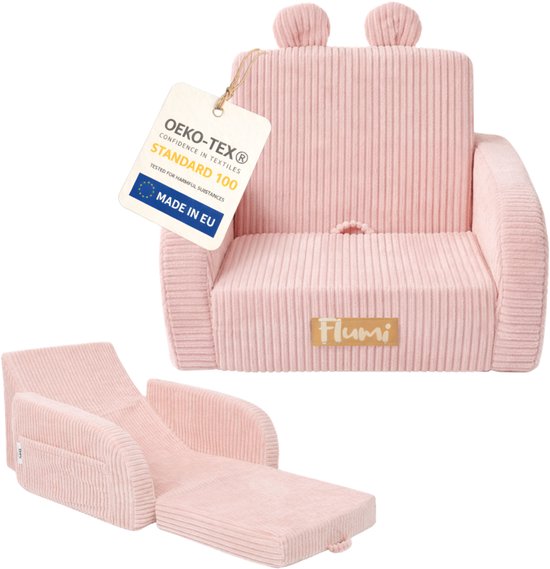Flumi - 2 in 1 Uitschuifbare Kinderfauteuil - Schuimconstructie - Afneembare Wasbare Hoes - Corduroy Stof - Met Zijvakken - Roze van Flumi