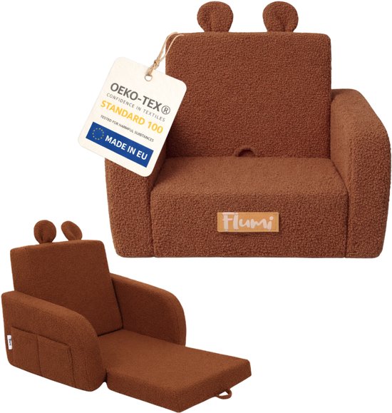 Flumi - 2 in 1 Uitschuifbare Kinderfauteuil - Schuimconstructie - Afneembare Wasbare Hoes - Teddy Stof - Met Zijvakken - Bruin van Merkloos
