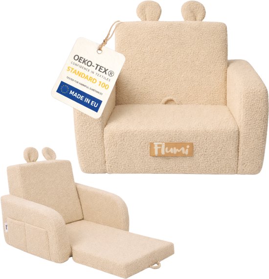 Flumi - 2 in 1 Uitschuifbare Kinderfauteuil - Schuimconstructie - Afneembare Wasbare Hoes - Teddy Stof - Met Zijvakken - Donkerbeige van Merkloos