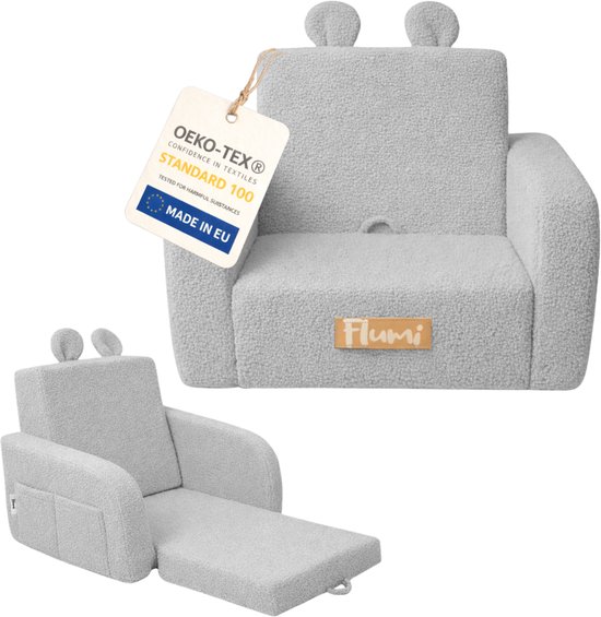 Flumi - 2 in 1 Uitschuifbare Kinderfauteuil - Schuimconstructie - Afneembare Wasbare Hoes - Teddy Stof - Met Zijvakken - Grijs