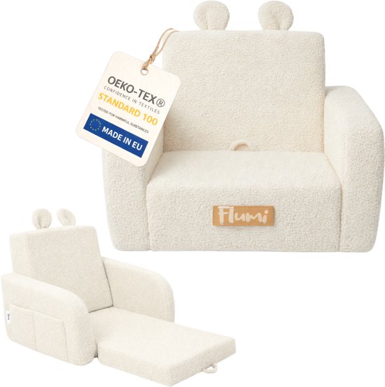 Flumi - 2 in 1 Uitschuifbare Kinderfauteuil - Schuimconstructie - Afneembare Wasbare Hoes - Teddy Stof - Met Zijvakken - Lichtbeige van Merkloos