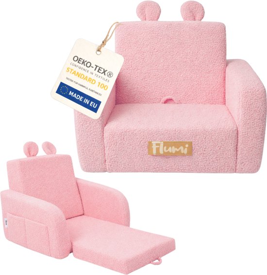 Flumi - 2 in 1 Uitschuifbare Kinderfauteuil - Schuimconstructie - Afneembare Wasbare Hoes - Teddy Stof - Met Zijvakken - Roze van Merkloos