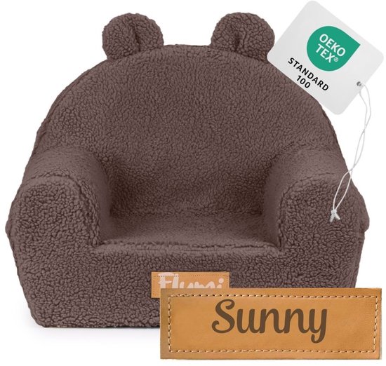 Flumi - Kinderfauteuil - Bouclé kinderstoel chocoladebruin - Met oortjes - Gepersonaliseerd met naamgravure van Merkloos