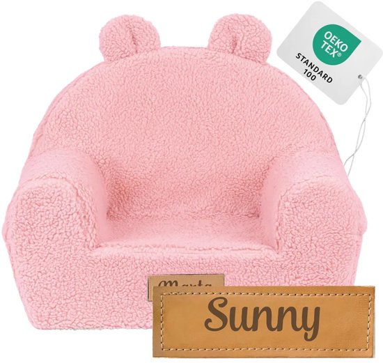Flumi - Kinderfauteuil - Bouclé kinderstoel roze - Met oortjes - Gepersonaliseerd met naamgravure van Flumi