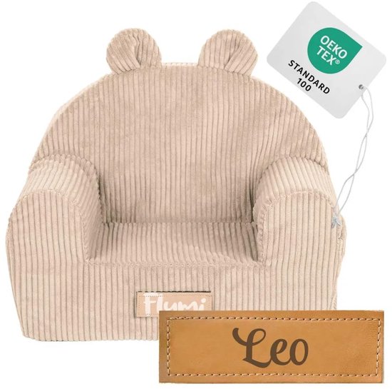 Flumi - Kinderfauteuil - Corduroy kinderstoel beige - Met oortjes - Gepersonaliseerd met naamgravure van Flumi