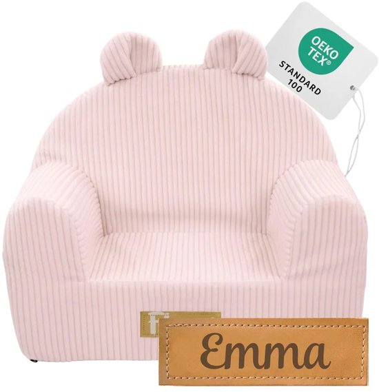 Flumi - Kinderfauteuil - Corduroy kinderstoel roze - Met oortjes - Gepersonaliseerd met naamgravure van Flumi