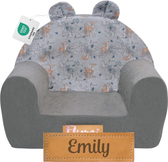 Flumi - Kinderfauteuil van schuim - Kinderstoel grijs met hertenprint - Met oortjes - Gepersonaliseerd met naamgravure