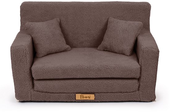 Flumi opvouwbare mini kindersofa van teddy stof – zachte kinderbank met uitklapfunctie en afneembare hoes, bruin van Merkloos