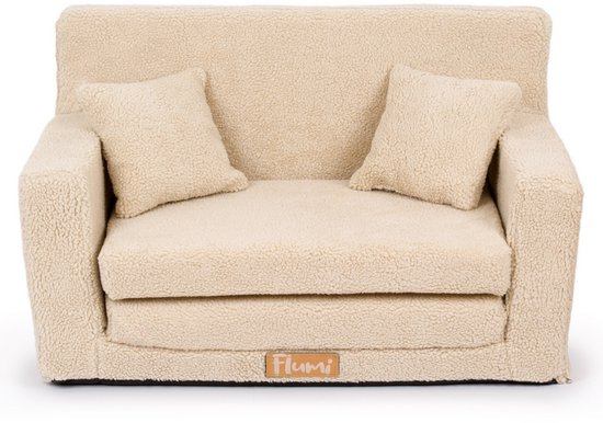 Flumi opvouwbare mini kindersofa van teddy stof – zachte kinderbank met uitklapfunctie en afneembare hoes, donkerbeige van Merkloos