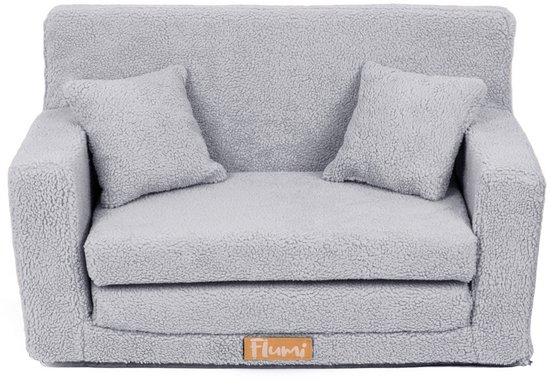 Flumi opvouwbare mini kindersofa van teddy stof – zachte kinderbank met uitklapfunctie en afneembare hoes, grijs van Flumi