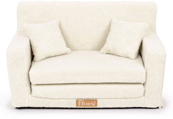 Flumi opvouwbare mini kindersofa van teddy stof – zachte kinderbank met uitklapfunctie en afneembare hoes, lichtbeige van Merkloos
