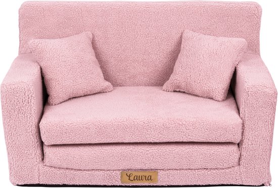Flumi opvouwbare mini kindersofa van teddy stof – zachte kinderbank met uitklapfunctie en afneembare hoes, roze van Merkloos