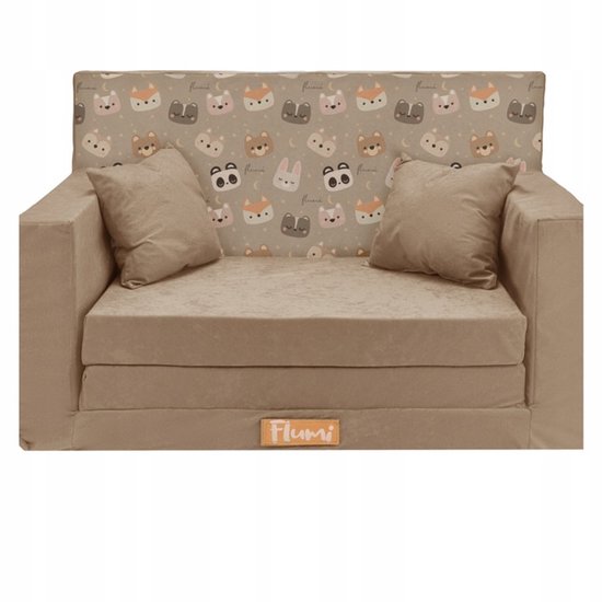Flumi opvouwbare mini kindersofa – zachte kinderbank met uitklapfunctie en afneembare hoes, beige + berenmotief van Merkloos