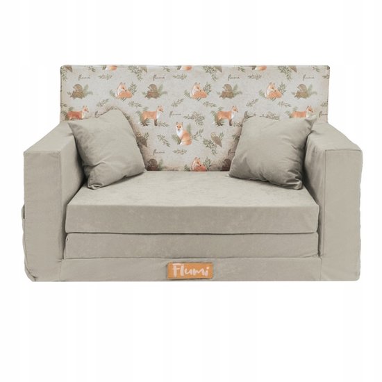 Flumi opvouwbare mini kindersofa – zachte kinderbank met uitklapfunctie en afneembare hoes, lichtgrijs + vossenmotief van Flumi