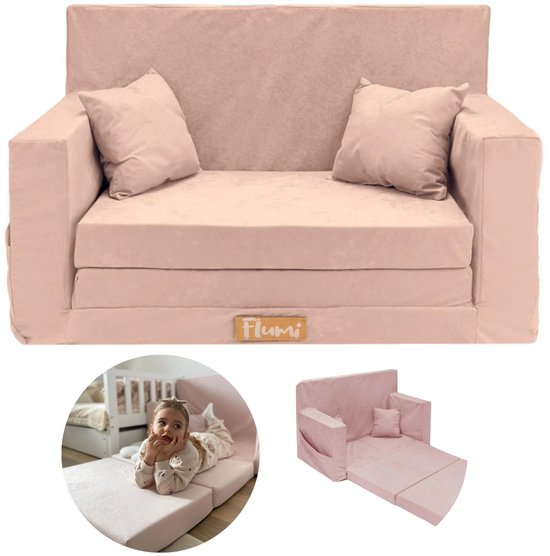 Flumi opvouwbare mini kindersofa – zachte kinderbank met uitklapfunctie en afneembare hoes, roze van Flumi