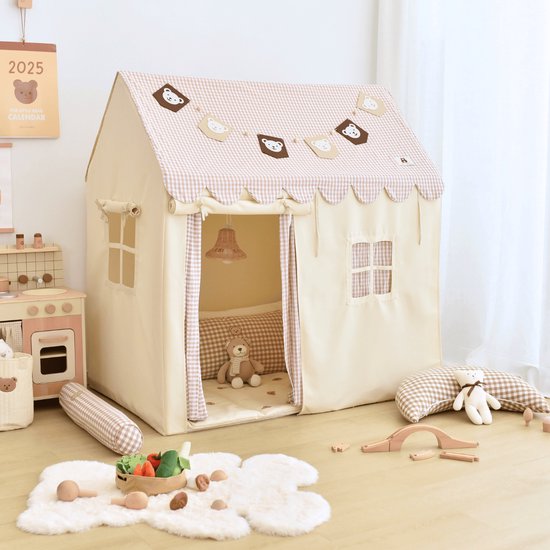 Fluvio Speeltent – Speelhuisje Jongens en Meisjes – Inclusief Zachte Speelmat – Lichtjes en Vlaggetjes – Speelhuis met Gordijntjes – 120×80×128cm – Beige van Merkloos