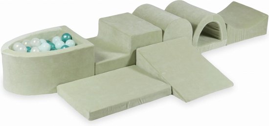 Foam speelset mint - ballenbak & 100 wit blauwe ballen - 7-delig van Hioxo