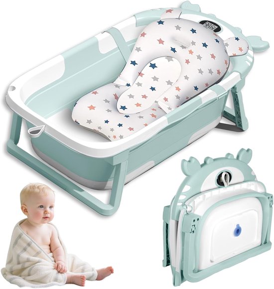 Foldable Baby Bathtub, Baby Bathtub with Thermometer and Bath Mat, Baby Bathtub for Newborns to Toddlers 0-36 Months - ShopVlot