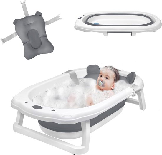 Foldable baby tub with drainage holes, suitable for toddlers up to 8 years, heat-resistant, non-slip foot pads, stable PP & TPE plastic, bath mat included (grey)