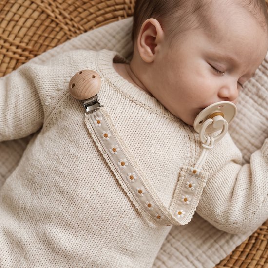 Fopspeenhouder Baby Grijs | Speenkoord Katoen met Madeliefjes | Houten Clip | Speenketting | Kraamcadeau Jongen en Meisje | Babyshower Cadeau | Luxe Speenkoord voor Pasgeboren Baby | Neutraal Babycadeau | Handig Speenkoordje voor Fopspeen | Cadeautip