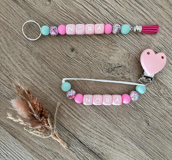 Fopspeenketting en sleutelhanger met naam - Gepersonaliseerd kraamcadeau - Cadeau gepersonaliseerd - Kraamcadeau met naam - Flower Pink Mint van Merkloos