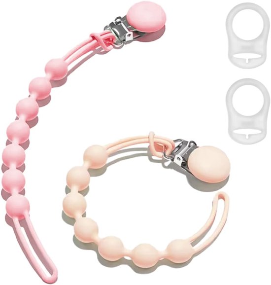 Fopspeenkettingen - Speenkoord set - Baby spullen veilig - Met metalen clip - 2 stuks - Beige-roze
