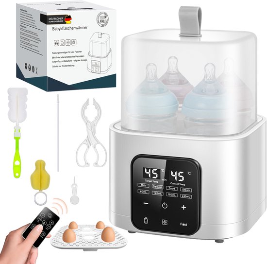 FOSMET Flessenwarmer 2026 - 9-in-1 Babyflessenwarmer & Sterilisator - Geschikt voor 4 Flessen - 100 °C Stoomsterilisatie - 60-240ml - Stoomsterilisatie - 48 uur warmhoudfunctie - Afstandsbediening – BPA-vrij - Wit