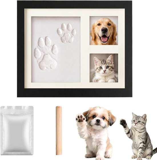 Fotolijst met Kleiafdruk - Pootafdruk Hond - Gipsafdruk huisdier - 3-in-1 Fotolijst met Kleiafdruk & Houten Roller - Blijvende Herinnering - Geschikt voor Honden, Katten & Puppy's - 27.9 x 23.5 cm - Zwart