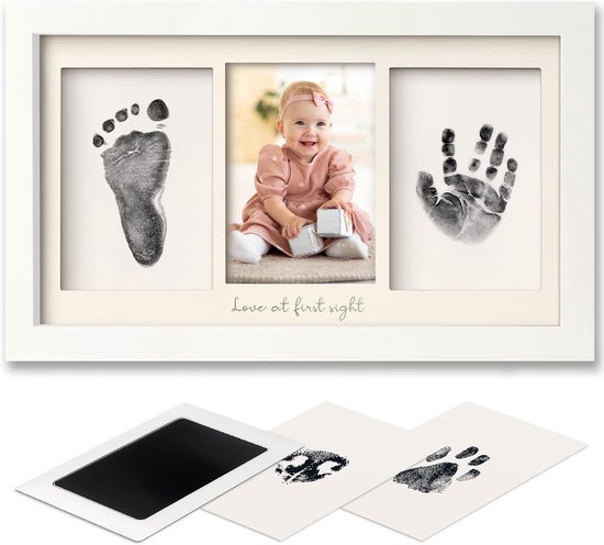 Fotolijst voor poot- en handafdrukken – Inktkussentje voor baby's – DIY-lijst voor hand- en voetafdrukken – Aandenken aan de eerste verjaardag – Herinneringsset voor hand- en voetafdrukken – Inktkussentje en afdruklijst pasgeborenen – 20x32,8x1,8cm van Merkloos