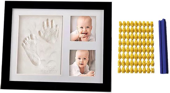 Fotolijstjesset met hand- en voetafdrukken van baby's, Een aandenken aan je baby, een set om de geboorte vast te leggen, inclusief alfanumerieke sjablonen, Zwart, 28 cm x 23 cm.
