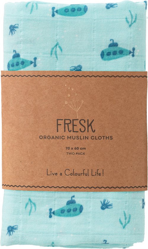Fresk Hydrofiele Doek – 70 x 60 cm - Spuugdoekjes - Babyverzorging - 1 stuk - Ademend en Absorberend - Babyspullen - Blauw - Submarine