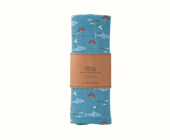 Fresk Hydrofiele Doek XL - 120 x 120 cm - Spuugdoekjes - Babyverzorging - 1 stuk - Ademend en Absorberend - Babyspullen - Blauw - Shark van Merkloos