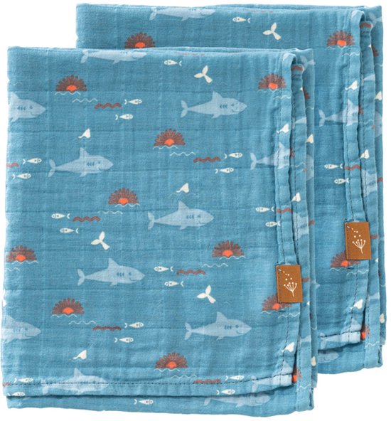 Fresk Hydrofiele Doeken Set - 60 x 70 cm - Spuugdoekjes - Babyverzorging - 2 stuks - Ademend en Absorberend - Babyspullen - Blauw - Shark van Merkloos