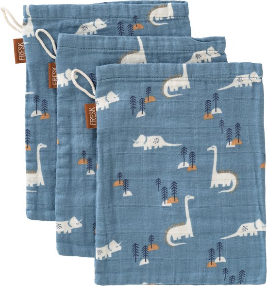Fresk Hydrofiele Washandjes - 21 x 15 cm - Babyverzorging - 3 stuks - Ademend en Absorberend - Babyspullen - Babyverzorging - Blauw - Dino van Merkloos