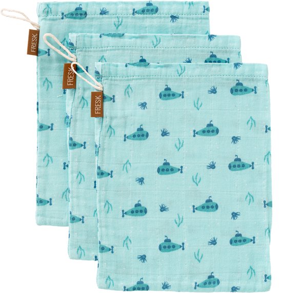Fresk Hydrofiele Washandjes – 21 x 15 cm - Babyverzorging - 3 stuks - Ademend en Absorberend - Babyspullen - Babyverzorging - Blauw - Submarine van Merkloos