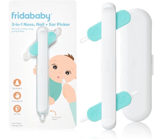 Frida Baby 3-in-1 Neus-, Nagel- & Oorreiniger – Baby Verzorgingstool met 4 Zachte Flexibele Tips – Met Veiligheidsstop & Opbergcase – Vanaf Geboorte