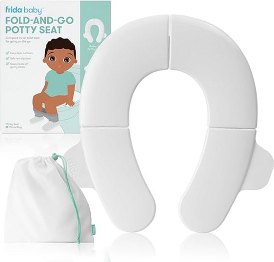 Frida Baby Fold-and-Go Portable Potty Seat – Opvouwbare Reis Toiletverkleiner voor Peuters – Anti-Slip – Past op Ronde & Ovale Toiletten – Inclusief Reistas