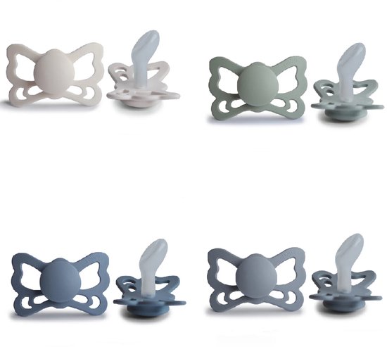 FRIGG BUTTERFLY Fopspeen set 4 stuks - Siliconen - Maat 2 - vanaf 6 maanden - Sage - Great Gray- Silver Gray - Slate van FRIGG