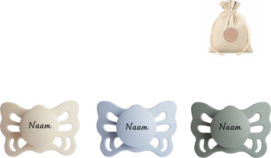 Frigg butterfly spenen siliconen anatomisch met naam T1 (0-6 maanden) + speenzakje - Cream, Sage en Powder blue - fopspenen van FRIGG