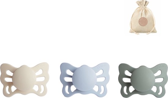 Frigg butterfly spenen siliconen anatomisch T1 (0-6 maanden) met speenzakje - Cream, Sage en Powder blue - fopspenen van FRIGG