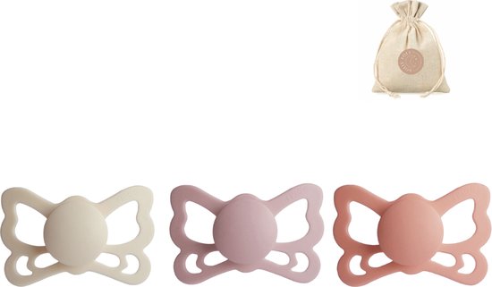 Frigg butterfly spenen siliconen anatomisch T2 (6-18 maanden) + speenzakje - Cream, Blush en Peach - fopspenen van FRIGG